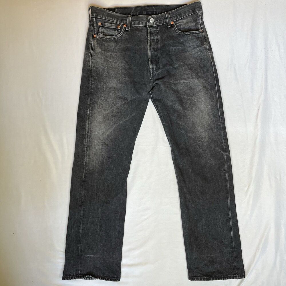 Levis 501 Jeans Mens 35x32 Black Button Fly Denim Pants Faded Distressed Black